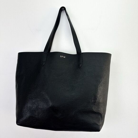 Cuyana Classic Structured Black Italian Pebbled Leather SFM Monogrammed Tote - Picture 1 of 11